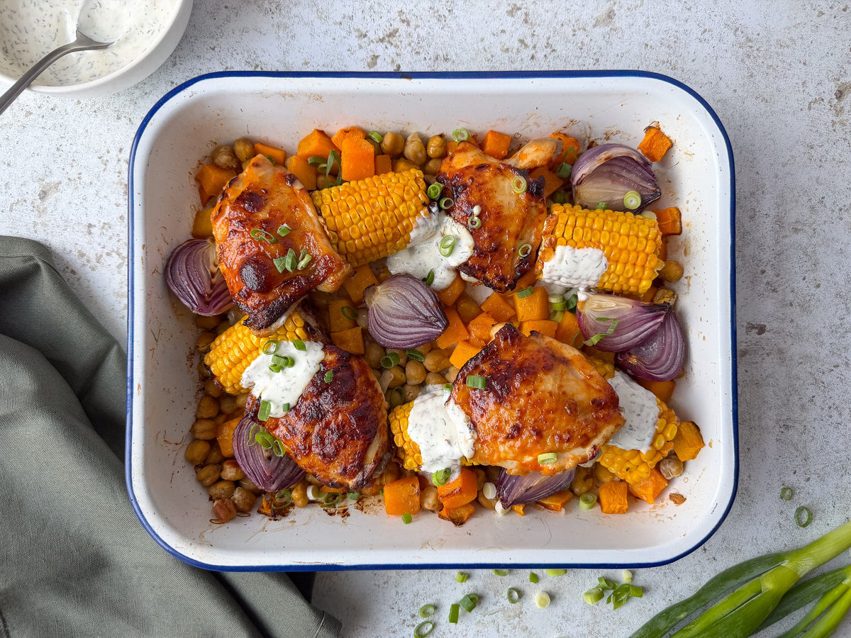 Sticky Buffalo Chicken & Veg Traybake
