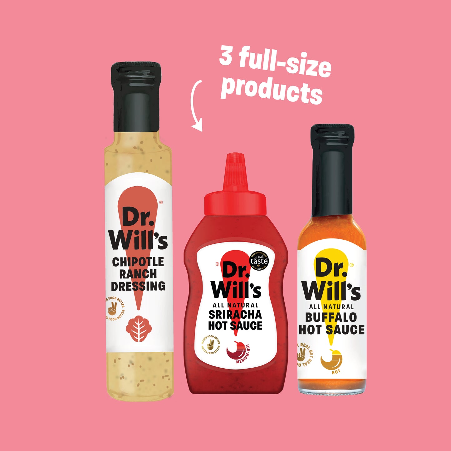 Dr. Will's Hot Bundle - Natural Sauces - Sriracha Hot Sauce, Chipotle Ranch Dressing & Buffalo Hot Sauce (BU020)